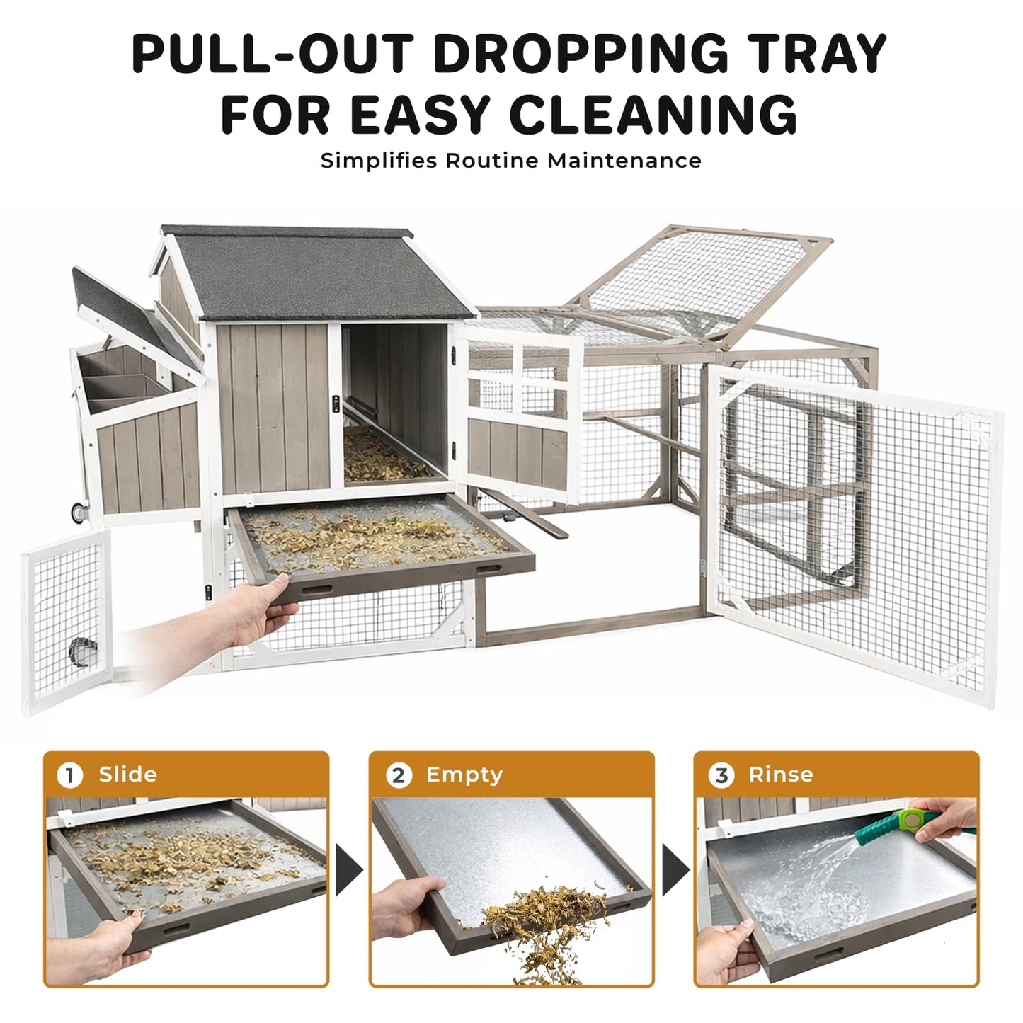 Large Outdoor Chicken Coop with Run & Wheels, 95.3" Wooden Hen House for 3–6 Chickens, 3-Compartment Nesting Box (2 Dividers), Pull-Out Tray, UV-Resistant Roof, Predator-Resistant Wire Mesh