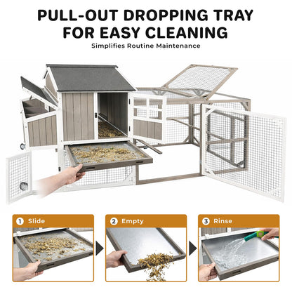 Large Outdoor Chicken Coop with Run & Wheels, 95.3" Wooden Hen House for 3–6 Chickens, 3-Compartment Nesting Box (2 Dividers), Pull-Out Tray, UV-Resistant Roof, Predator-Resistant Wire Mesh