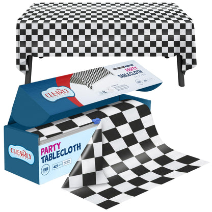 Clearly White and Black Checkered Plastic Tablecloth Roll with Cutter, 423 Sq.Ft (52"x1181") Extra Large Disposable Plastic Table Cloth for Parties, Events and Outdoor Gatherings