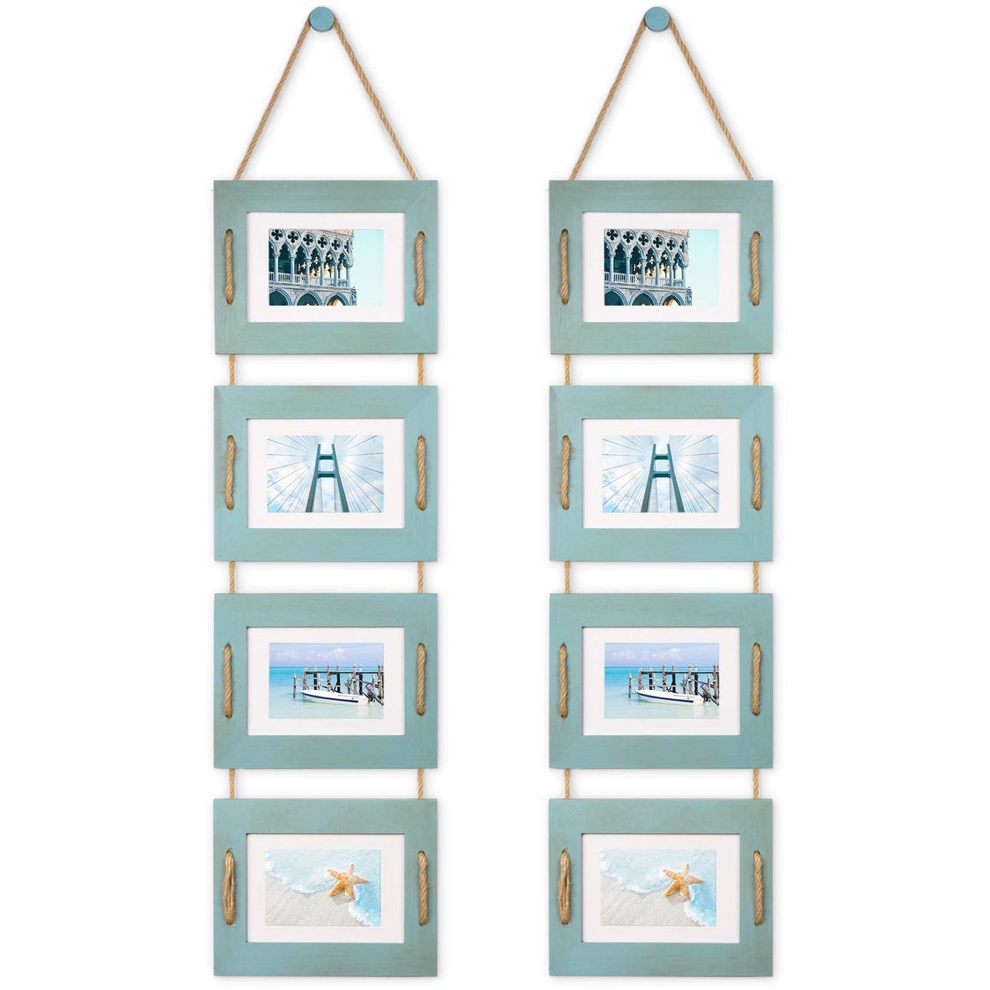 DLQuarts 5x7 Hanging Collage Picture Frames Wall Decor, 4-Opening 5x7 Matted to 3.5x5 Photo Rustic Wood Frame with Hemp Rope, 2 Pack, Ocean Blue
