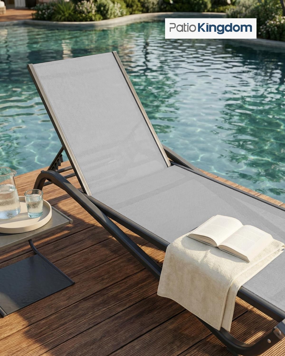 Patio Kingdom 3-Piece Patio Chaise Lounge Set with Side Table, Set of 2 Adjustable Pool Chairs and Aluminum Bistro Table, All-Weather Outdoor Furniture for Pool Deck, Patio & Tanning, Light Grey