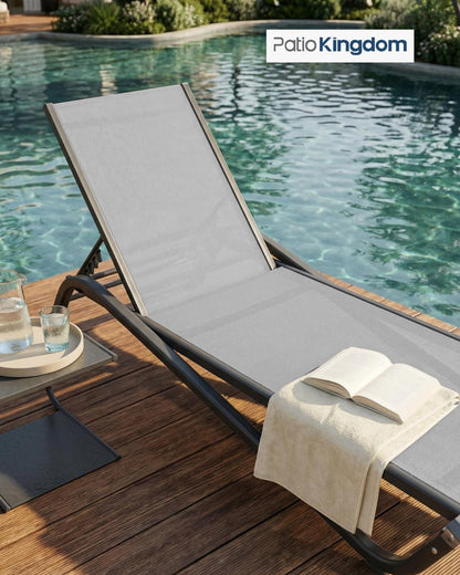Patio Kingdom 3-Piece Patio Chaise Lounge Set with Side Table, Set of 2 Adjustable Pool Chairs and Aluminum Bistro Table, All-Weather Outdoor Furniture for Pool Deck, Patio & Tanning, Light Grey