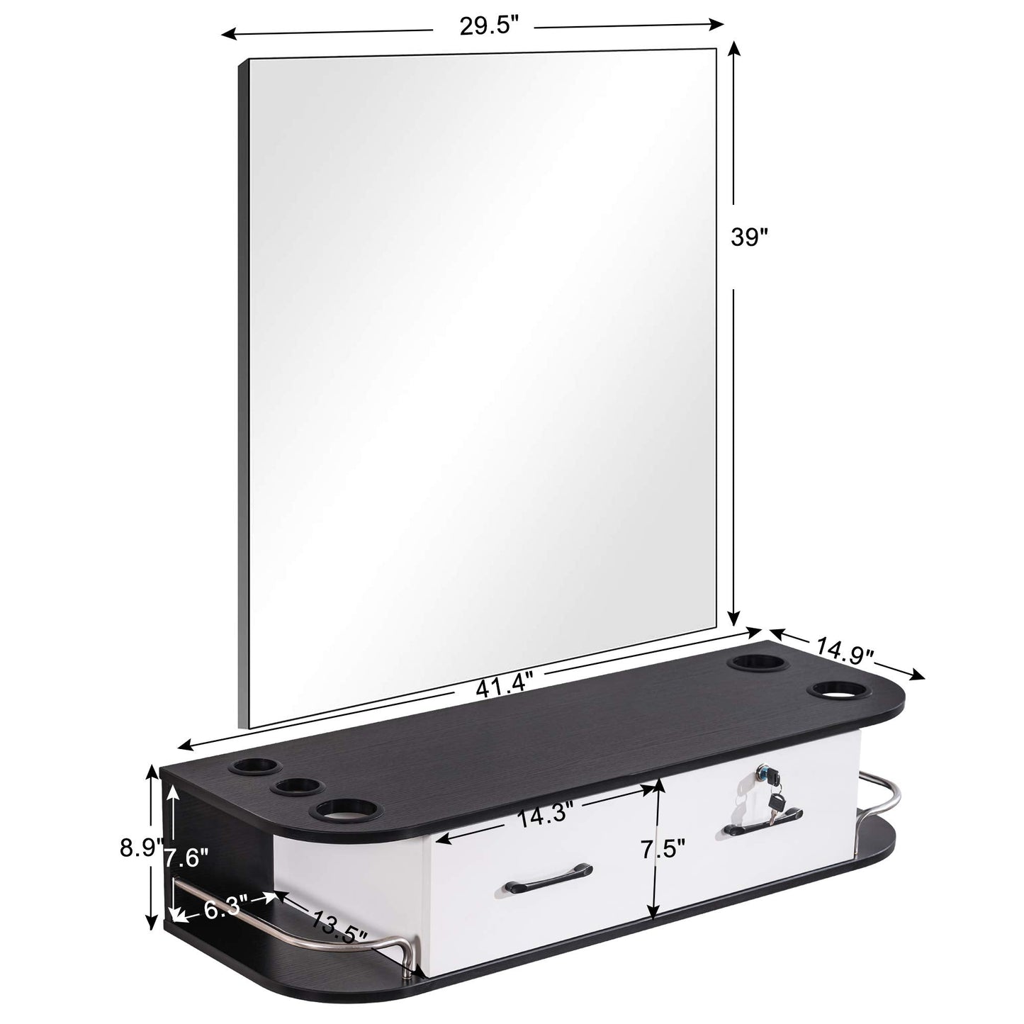 BarberPub Locking Wall Mount Styling Barber Station with Mirror Beauty Spa Salon Furniture,6154-5012-mirror (Black&White)