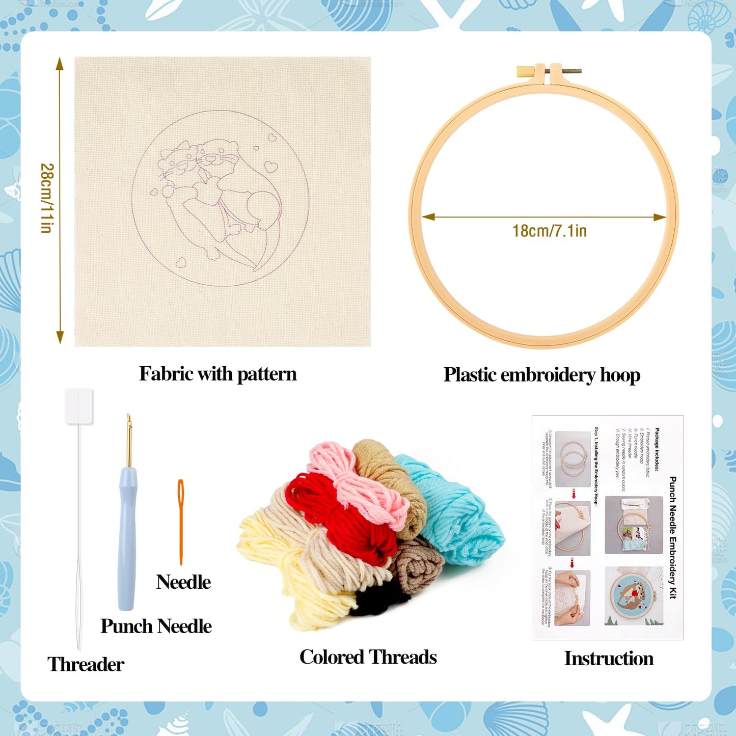 JSRQT Punch Needle Embroidery Starter Kits with Hoops Instructions Beginner Rug Hooking Pinch Craft Handcraft Tools Yarn Cute Pattern for Adults DIY Cross Stitch