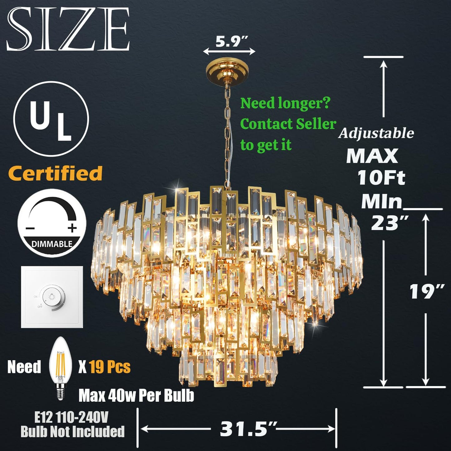 ANTILISHA Gold Crystal Chandelier Lighting Foyer Hall Entry Way Chandeliers Light Fixture for High Ceiling Sloped Pendant Hanging French Empire Style Round Large 31.5 inch