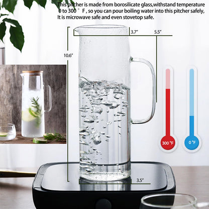 hjn Glass Pitcher with Lid Glass Water Carafe with Handle, Fridge Water Jug Cold or Hot Beverages, Iced Tea, Milk, Juice 1500ml/51oz &