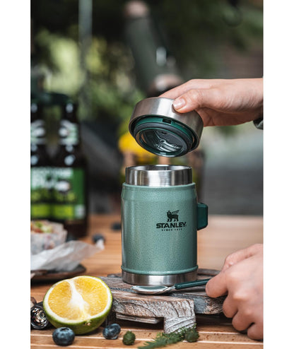 STANLEY Classic Food Jar and Spork 14 oz | Vacuum Insulated Food Container | Wide Mouth Screw On Lid | Packable for Travel | Stainless Steel with Leakproof Lid | BPA-Free | Hammertone Green