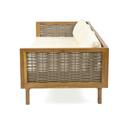 Christopher Knight Home Outdoor 3 Seater Acacia Wood Daybed with Fabric Water Resistant and Removable Cushions, Patio Garden Poolside Sofa with Wicker Armrest and Slat Paneling Back, Teak and Beige