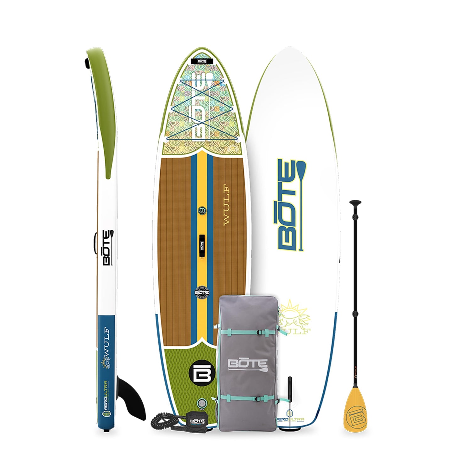 BOTE Wulf Aero Inflatable Stand Up Paddle Board Kit Includes Accessories Adjustable Paddle iSUP Travel Bag Blow Up Pump Safety SUP Coiled Leash Multiple Sizes