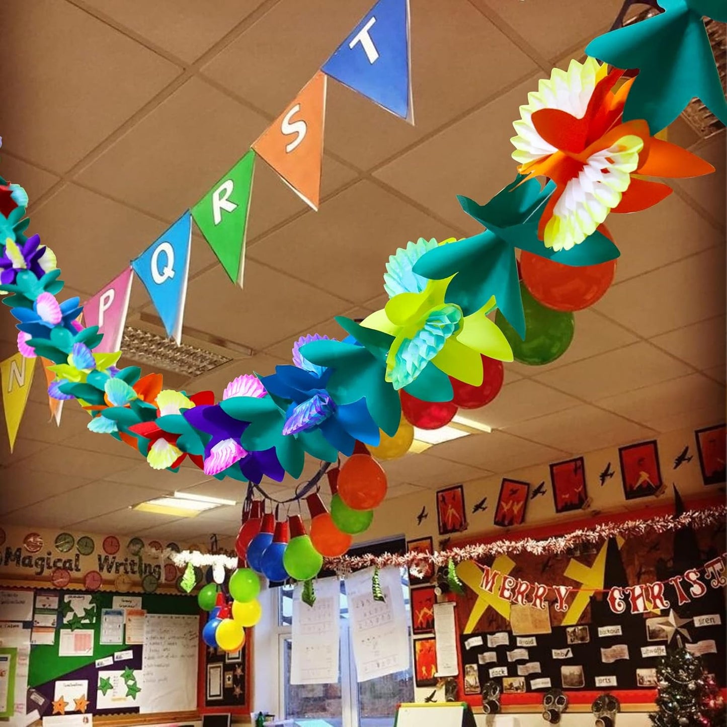 BUSOHA (3 Pack) Tissue Flower Garland - 12 Feet Long Tropical Multicolored Paper Garland Flower Banner for Hawaiian