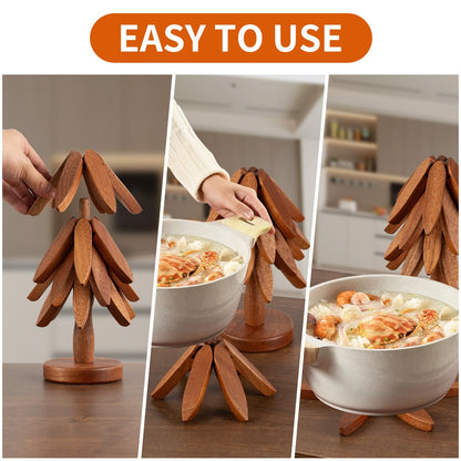 Vertdens Wooden Trivets for Hot Dishes, Hot Dish Coaster with Tree-Shaped Wood Collapsible Hot Pad Trivet Tree for Restaurant, 4 Wooden Trivet + 1 Stand（Walnut Wood）