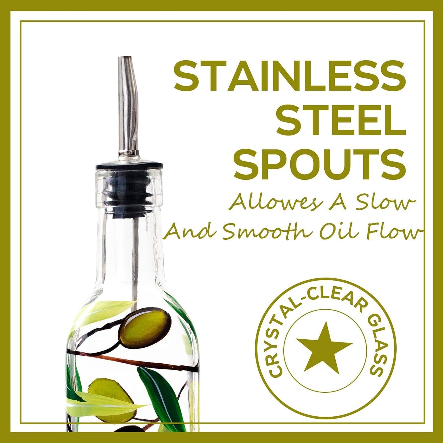 17oz 500ml (olive1) Hand Painted Glass Olive Oil Bottle Dispenser- Green Oil & Vinegar Cruet with Pourers - Olive Oil