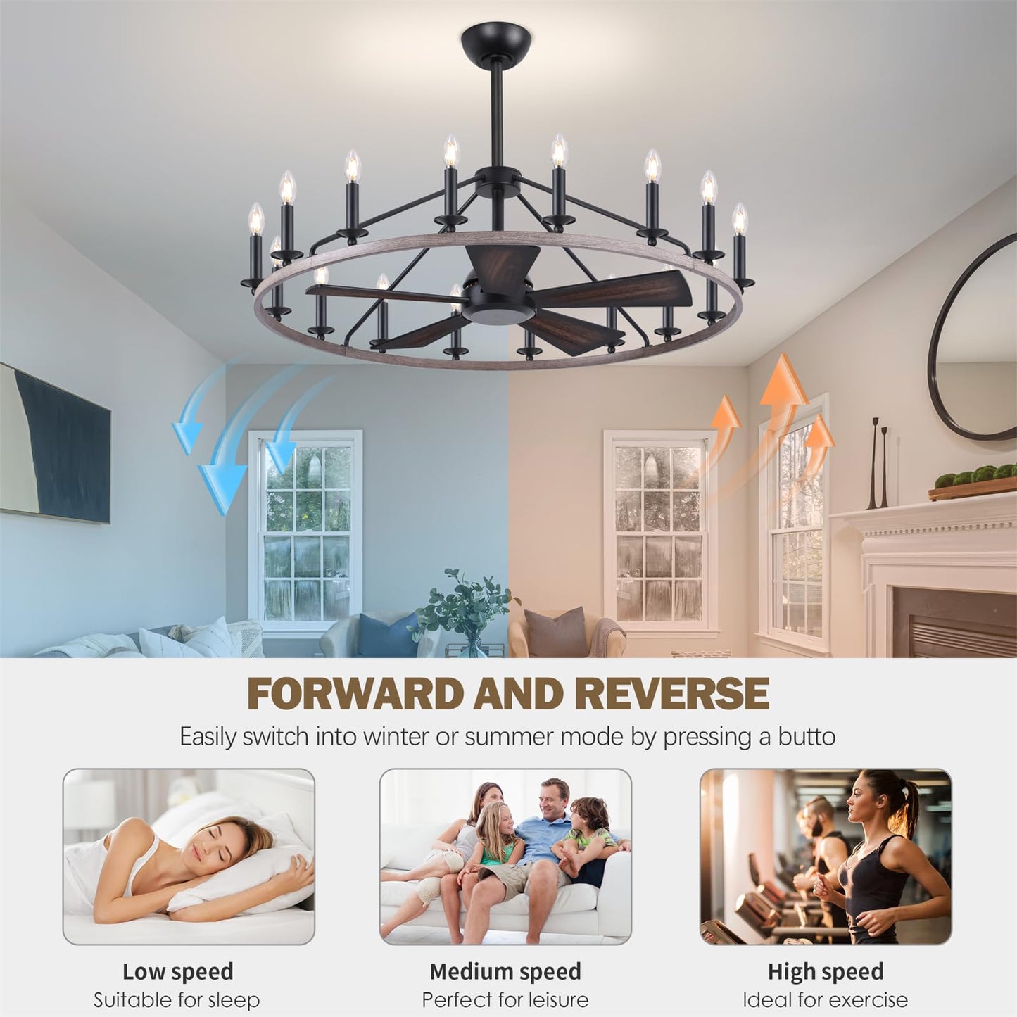 44" Wagon Wheel Chandelier with Fans, Wagon Wheel Ceiling Fan with 16-Lights and Remote, Farmhouse Chandelier for Living Room Dining Room, Adjustable Height, 6-Speed Reversible Quiet Large Fandelier