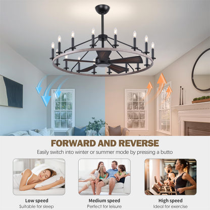 44" Wagon Wheel Chandelier with Fans, Wagon Wheel Ceiling Fan with 16-Lights and Remote, Farmhouse Chandelier for Living Room Dining Room, Adjustable Height, 6-Speed Reversible Quiet Large Fandelier
