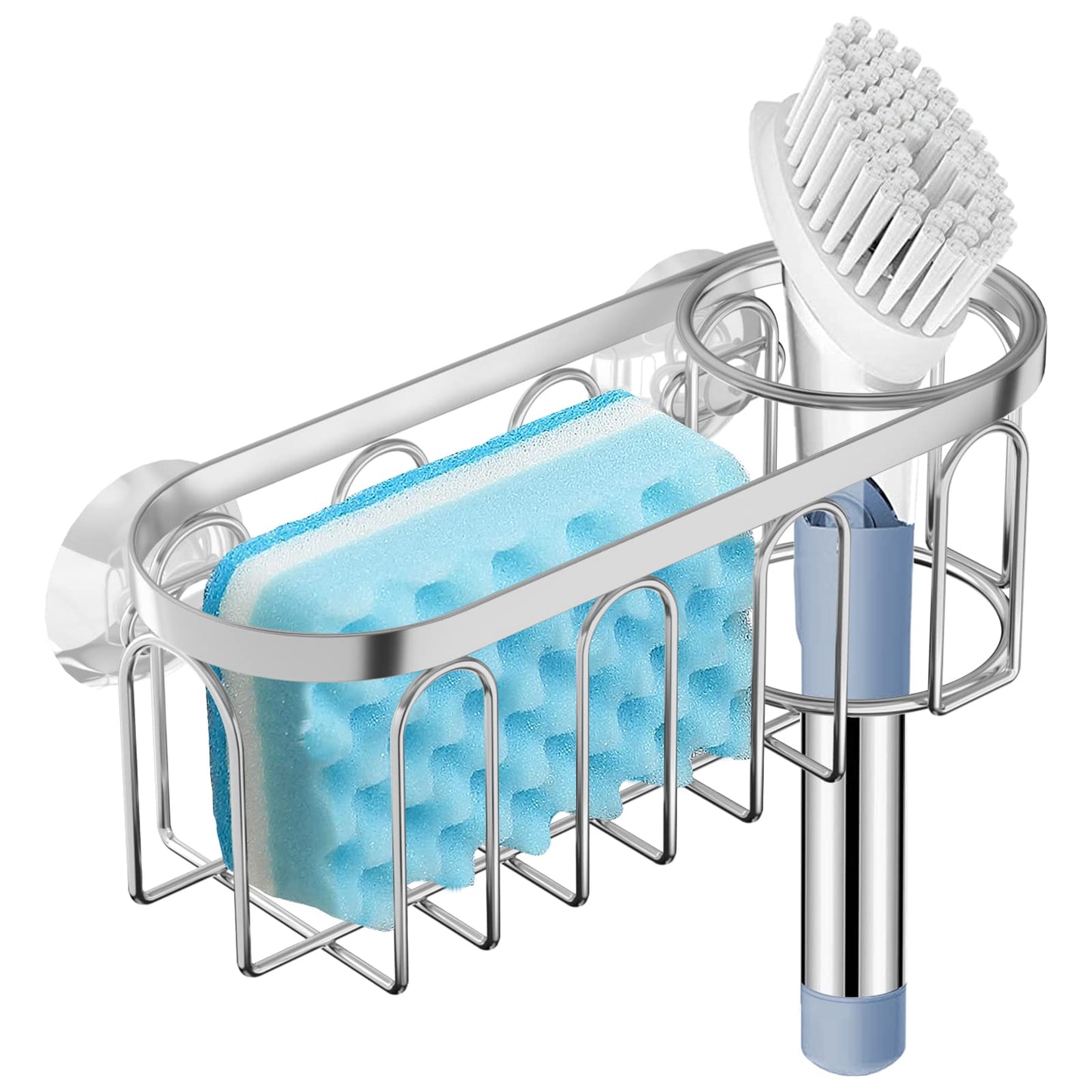 Yazoni 2-in-1 Sponge Holder for Kitchen Sink, Sink Caddy Kitchen Sink Organizer with 3 Suction Cups, No Drill Rustproof Sink Sponge Holder for Dish Brush, Soap & Sponge (Silver)