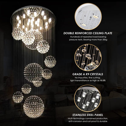 Siljoy Modern Foyer Chandeliers for High Ceiling, Large Staircase Chandelier with Spiral Sphere Design, Raindrop Crystal Chandelier Flush Mount Ceiling Light for Entryway Living Room W31.5 X H110
