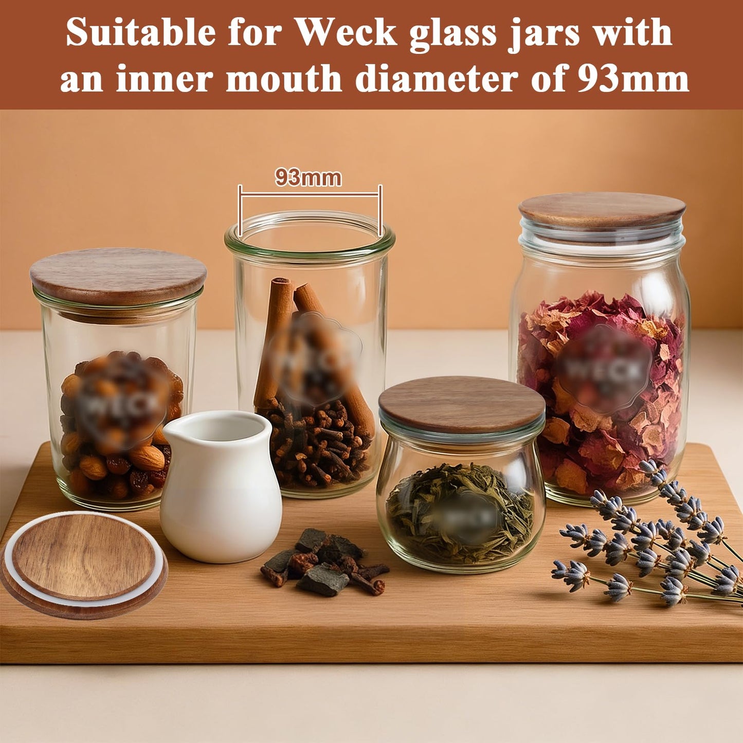2 Pack Lids for Weck Jars 100mm Opening Acacia Tulip Glass Jar Lid with Silicone Airtight Jar Wooden Lids Fits for Weck Jar Models 738 739 740 741 742 743 744 745 748 974