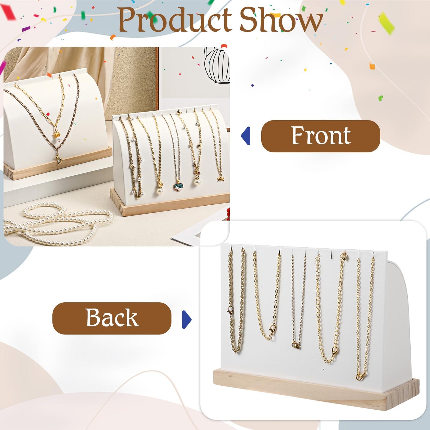 2 Pcs Cambered Wooden Necklace Display Stand with Soft PU Leather Mat, Necklace Bracelet Pendant Chokers Chains Organizer Holder, White Tabletop Jewelry Display Storage Holder for Selling Exhibition