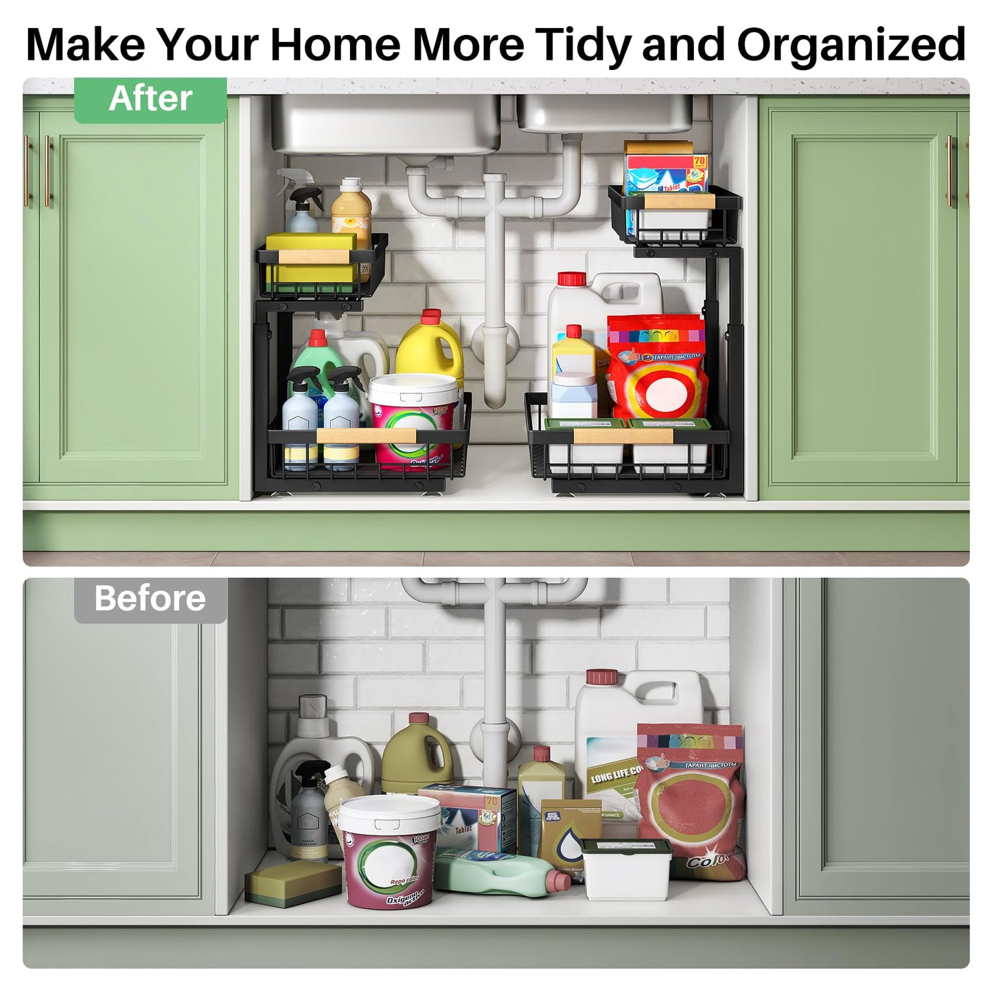 Kitstorack Under Sink Organizer, 2 Tier Under the Sink Storage, Slide out Pull out Cabinet Organizer Shelf, Metal Sliding Drawer for Kitchen Bathroom Pantry Closet Organization Rack, Black, 2 Pack