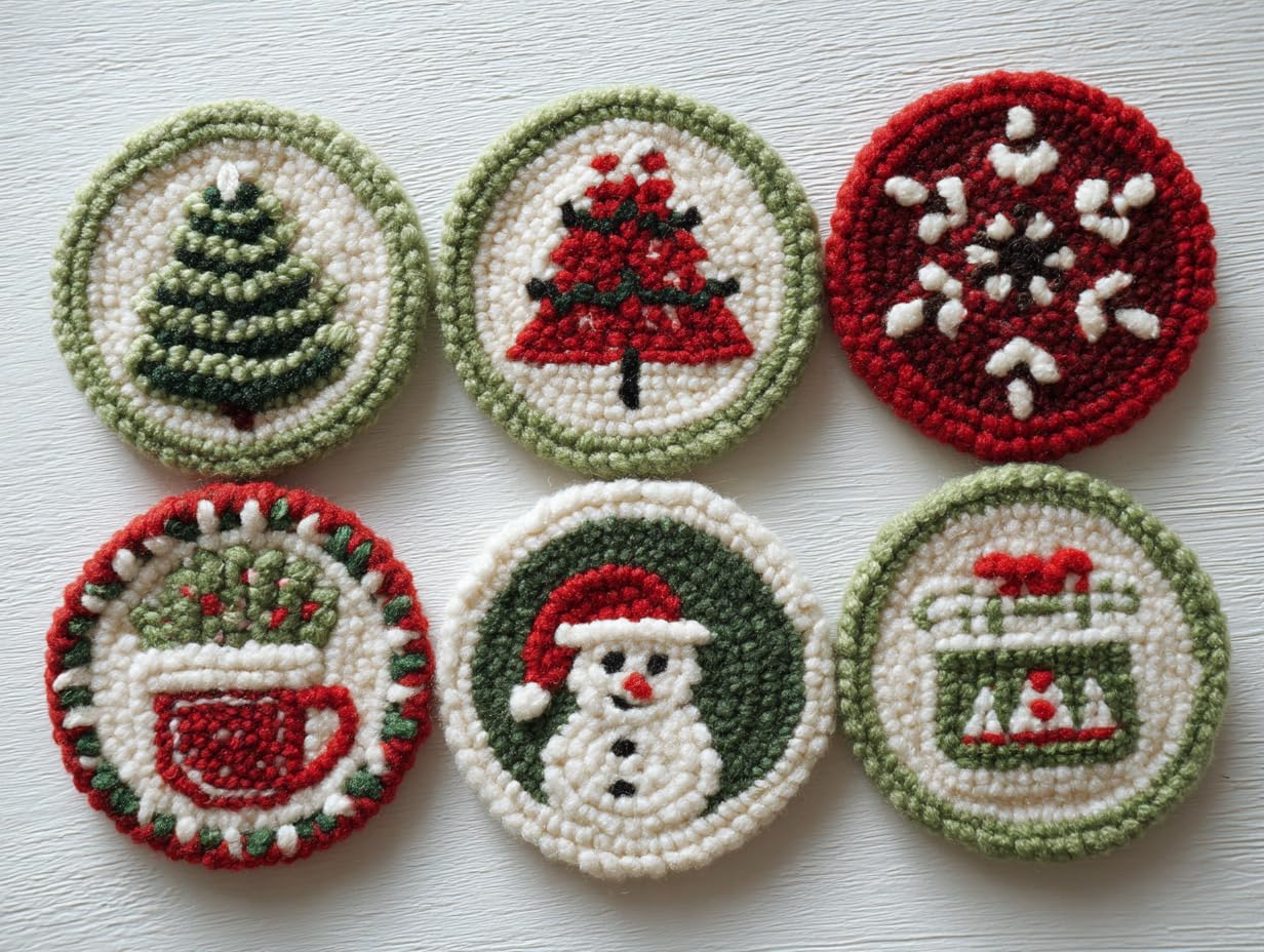6PCS Punch Needle Coaster Kit Merry Christmas Theme Easy for Beginners Stress Relief Craft Set with Hoop Yarn & Patterns DIY Embroidery Mug Rug Kit for Adults Kids Home Decor-2