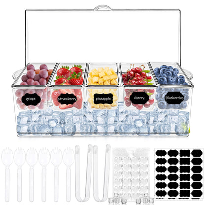 Hlimior 36 pcs Ice Chilled Condiment Server Caddy Bar Fruit Caddy with Lid, 5 Removable Compartments Plastic Storage Food Container Clear Ice Condiment Serving Tray for Party, Toppings Bar Container