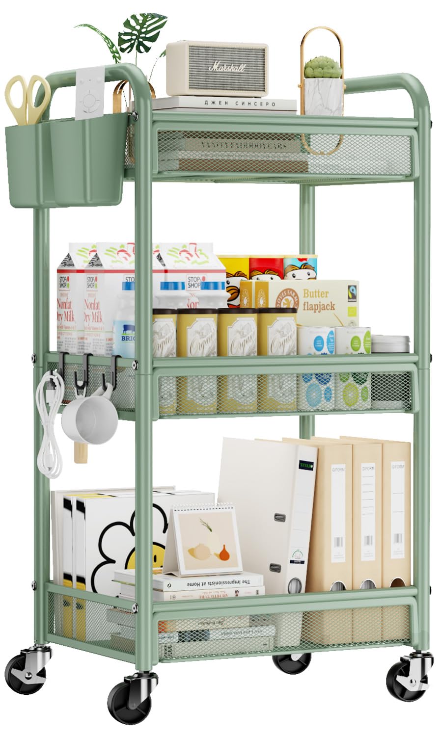 YASONIC 3 Tier Rolling Cart – Metal Utility Storage Carts with Wheels, Craft Carts Organizer with Hanging Cups, Hooks, Mesh Basket for Bedside Kitchen Office Art, Green