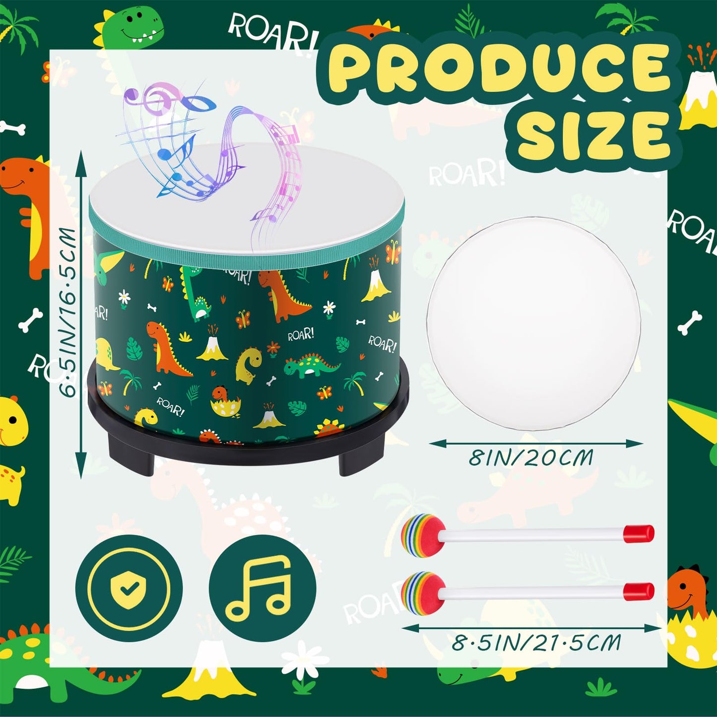 Boao Floor Tom Drum for Kids 8'' W x 6.5'' H Wooden Percussion Instrument Music Drum with 2 Rainbow Mallets Dinosaur Educational Toys for Baby Children Toddler Boy Girl Birthday Gift
