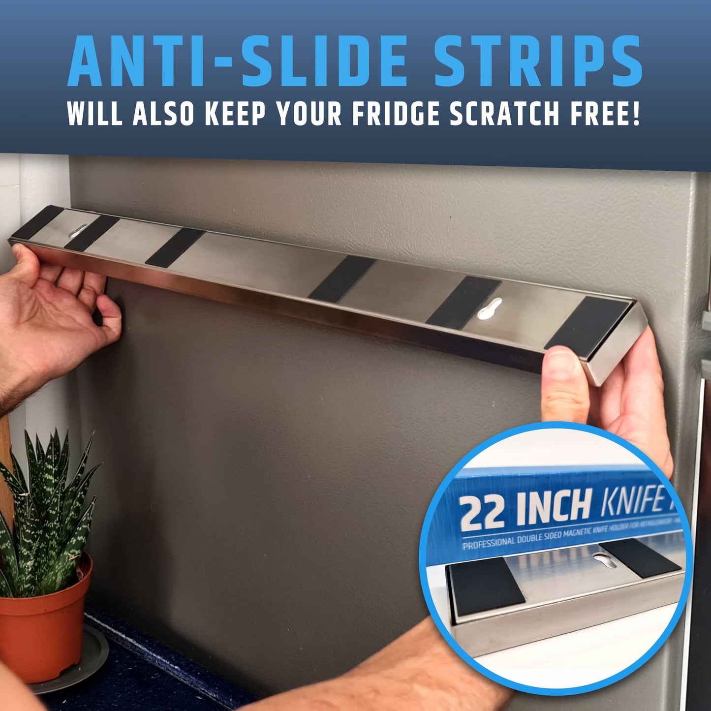 22" Premium Magnetic Knife Holder for Refrigerator (Double-Sided Heavy-Duty Magnets) - Upgraded Strip for Strong Fridge Mount - Clear Up Counter Space - 304 Anti-Rust Stainless Steel (Upgraded Design)