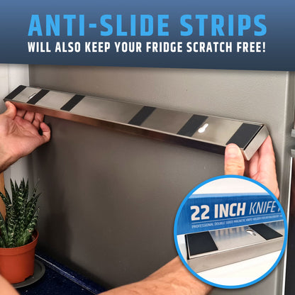 22" Premium Magnetic Knife Holder for Refrigerator (Double-Sided Heavy-Duty Magnets) - Upgraded Strip for Strong Fridge Mount - Clear Up Counter Space - 304 Anti-Rust Stainless Steel (Upgraded Design)