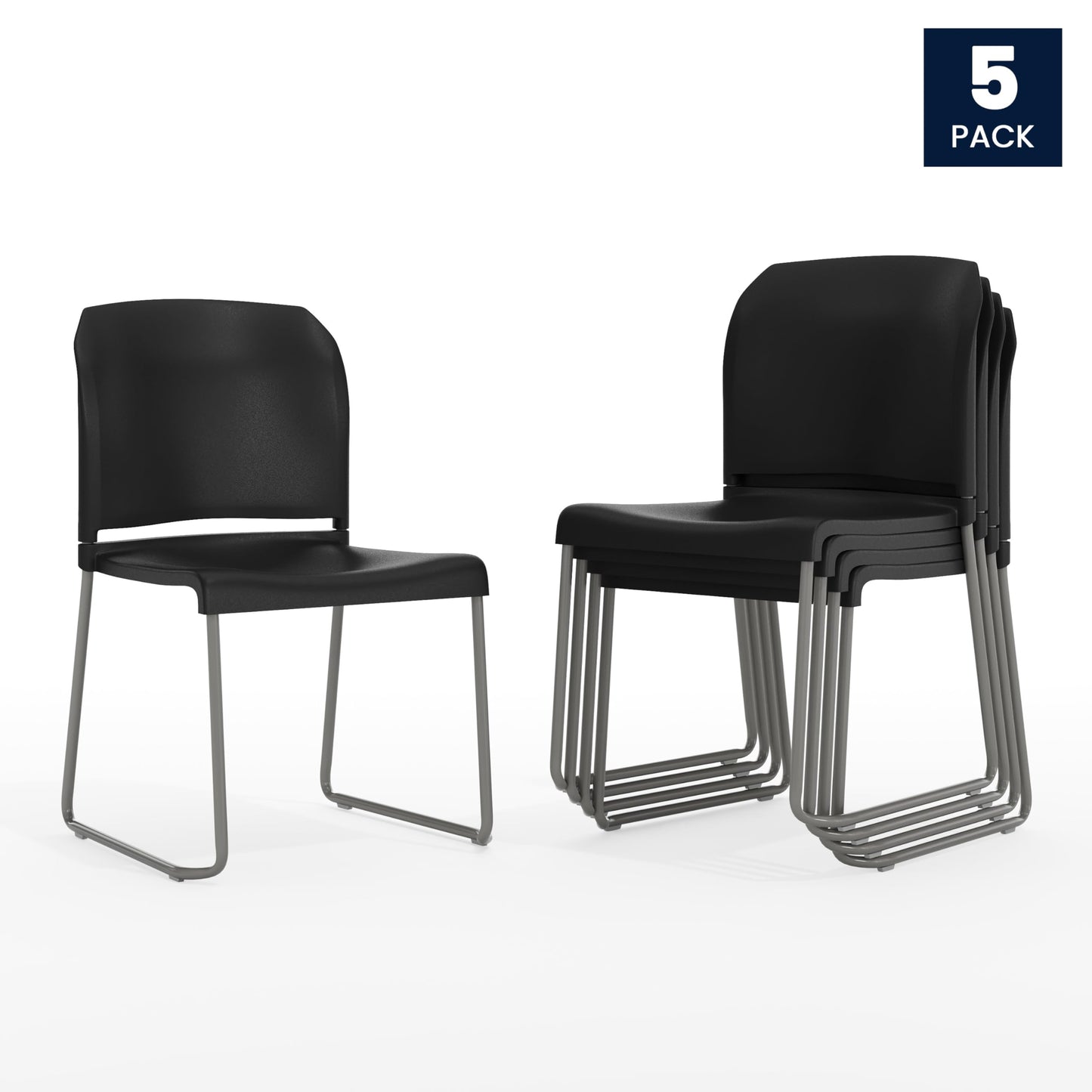 Flash Furniture Hercules Series Contoured Stacking Chairs for Waiting Rooms and Offices, Ergonomic Lobby Chairs with Curved Back, Set of 5, Black