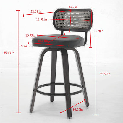 KEIKI Set of 3 Counter Height Bar Stools - 26 inch Rattan Counter Height Stools with Cane Back, Upholstered Seat, Walnut Craftsmanship, Swivel Counter Stools for Kitchen/Counter/Bar, Walnut, Black
