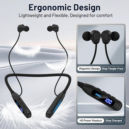 Podity Neckband Bluetooth Headphones, 1000H Extra Battery Life with Display Magnetic Earphones,Wireless Stereo Earbuds with Microphone, Waterproof in-Ear Headset for Sports/Workout/Office (Black)