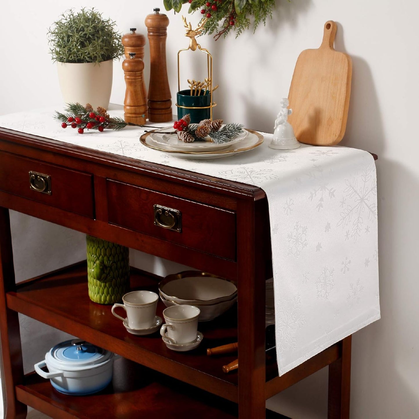 13 95 Inch, HARORBAY White Table Runner x Farmhouse Silver Dresser Scarf for Dining Room Kitchen Party Winter Holiday
