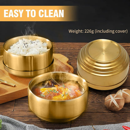 Stainless Steel Rice Bowl with Lid, Set of 2, Double-walled Metal Bowls for Korean Kitchen, 10.5cm Gold