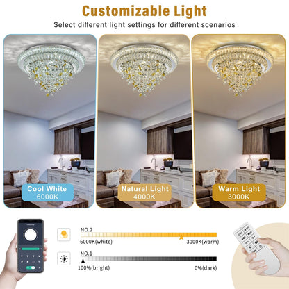 24 inch Sliver LED Crystal Ceiling Light, Flush Mount Chandeliers with Remote and APP Control, 3CCT Dimmable, Modern Elegant Raindrop Chandelier Light Fixture for Bedroom Dining Room Living Room Foyer