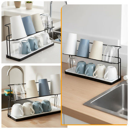 2-Tier Bottle Drying Rack Cup Cradle Storage with Drain Removable Tray Mug Organizer, Over Sink Instant Dry Small Dish Dryer for Kitchen Countertop Water Bottles and Tumblers,Coffee Mugs, Glasses,