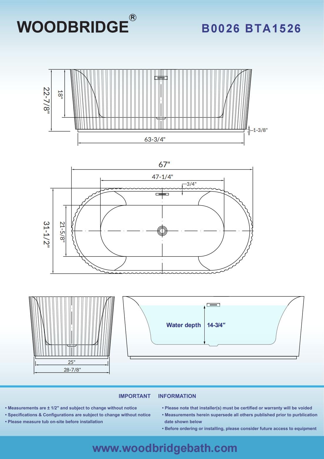 WOODBRIDGE 67" L x 31-1/2" W Freestanding Contemporary Soaking Bathtub with Matte Black Pop-Up Drain Drain and Overflow Option, White, BTA1526/B0026+MB-Drain &O