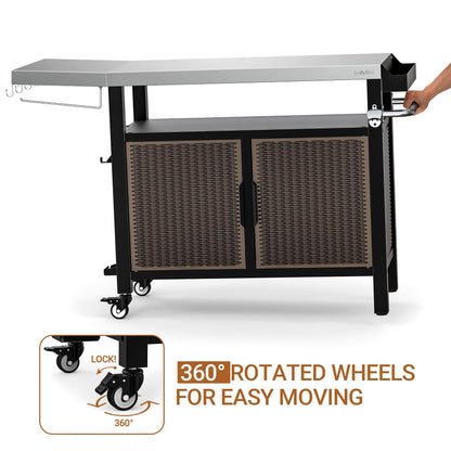 onlyfire 53-Inch Rolling Kitchen Island Cart with XL Stainless Steel Top & Rattan Texture Cabinet, Heavy-Duty Outdoor Dining Cart with Side Shelf, Propane Tank Holder, Spice Rack, Wheels for Patio