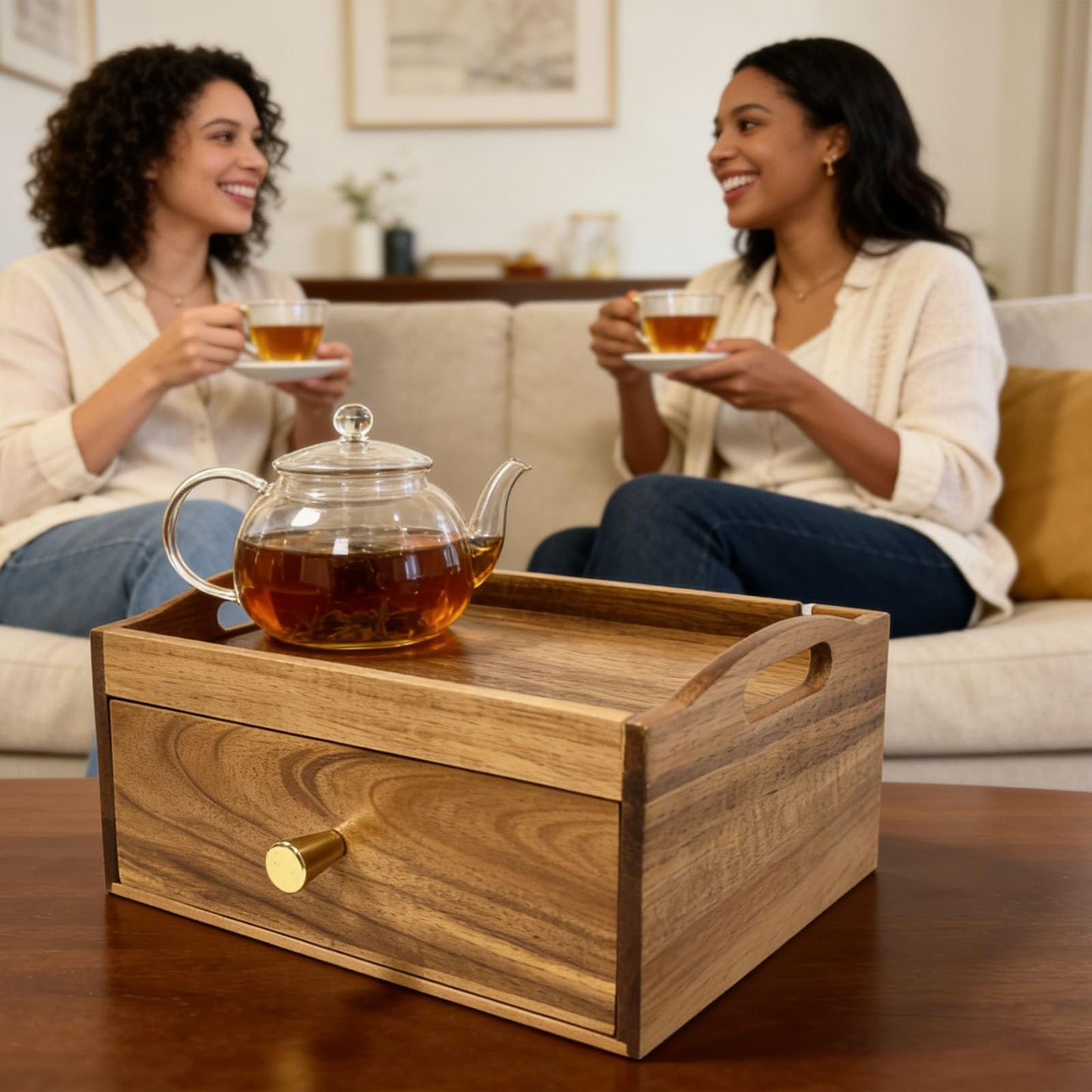 QYLZ Acacia Wood Tea Bag Organizer, Wooden Storage Box with Drawer, Tea Caddy for Teabags, Teabag Holder Container Boxes for Countertop, Tea Bar Station Chest Display, Tea Accessories Gift