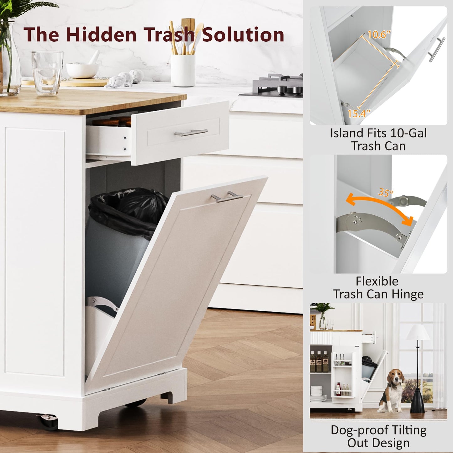 Ball & Cast Fluted Kitchen Island with Trash Can Storage Cabinet,Power Outlet,Internal Storage Rack,Rolling Kitchen Islands On 5 Wheels W/ 3 Drawer & 3 Open Side Racks for 10 Gallon Garbage Bin,White
