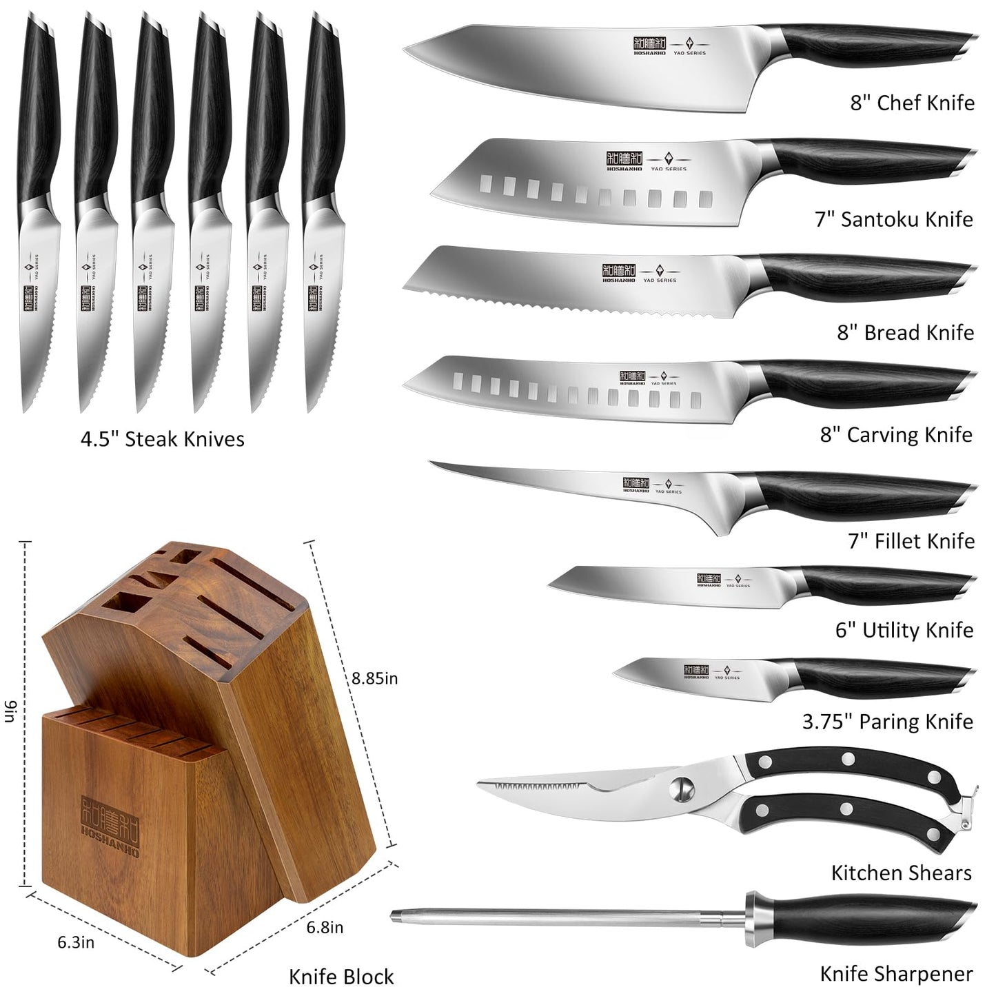 HOSHANHO 16-Piece Kitchen Knife Set with Block, Powder Steel High Carbon Steel Knife Block Set, Ultra Sharp Professional Chef Knife Set with Sharpener