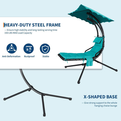 GarveeLife Chaise Lounger Swing Chair with Umbrella Canopy, Patio Hanging Chaise Lounger Chair with Stand, Curved Steel Outdoor Lounge Chairs for Indoor Patio Pool Garden Backyard Porch