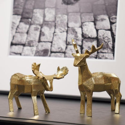 Braxio Candle Holder Set - Elegant Resin Origami Gold Reindeer & Moose | Set of 2 for Holiday Decor
