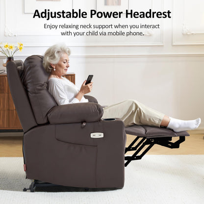 MCombo Small Power Lift Recliner Chair Sofa with Massage and Dual Heating, Adjustable Headrest for Elderly People Petite, USB Ports, 7111 (Single Motor, Dark Coffee)
