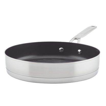 KitchenAid 71012 3-Ply Base Brushed Stainless Steel Nonstick Round Grill Pan/Griddle, 10.25 Inch