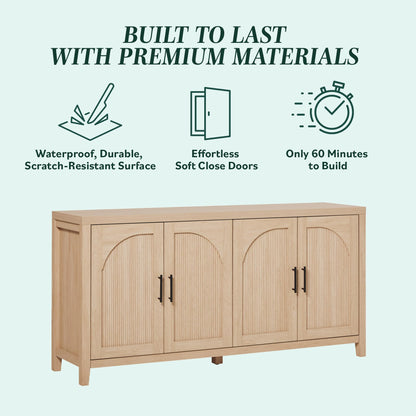 Walker Edison Sasha 4-Door Reeded Sideboard Buffet with Cord Management, 60 Inch, Coastal Oak
