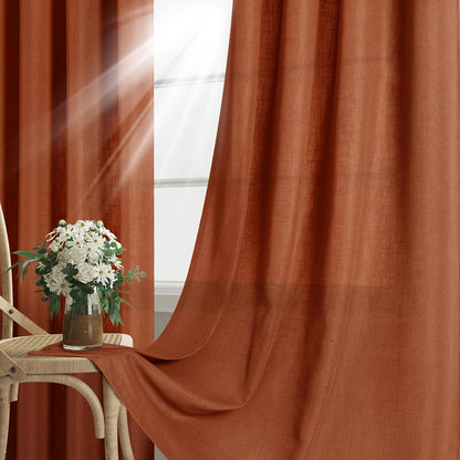 Terracotta Linen Curtains 90 Inch Length, 2 Panels Boho Farmhouse Drapes, Light Filtering Rust Orange Red Semi Sheer