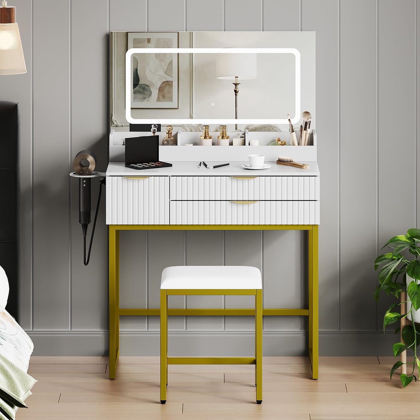 GAOMON 31.5" Glass Top Vanity Desk with LED Mirror – 3 Lighting Modes, Power Outlet, 3 Drawers, Hair Dryer Rack, Stool, Modern Makeup Table for Bedroom, White Board + Gold Metal Frame