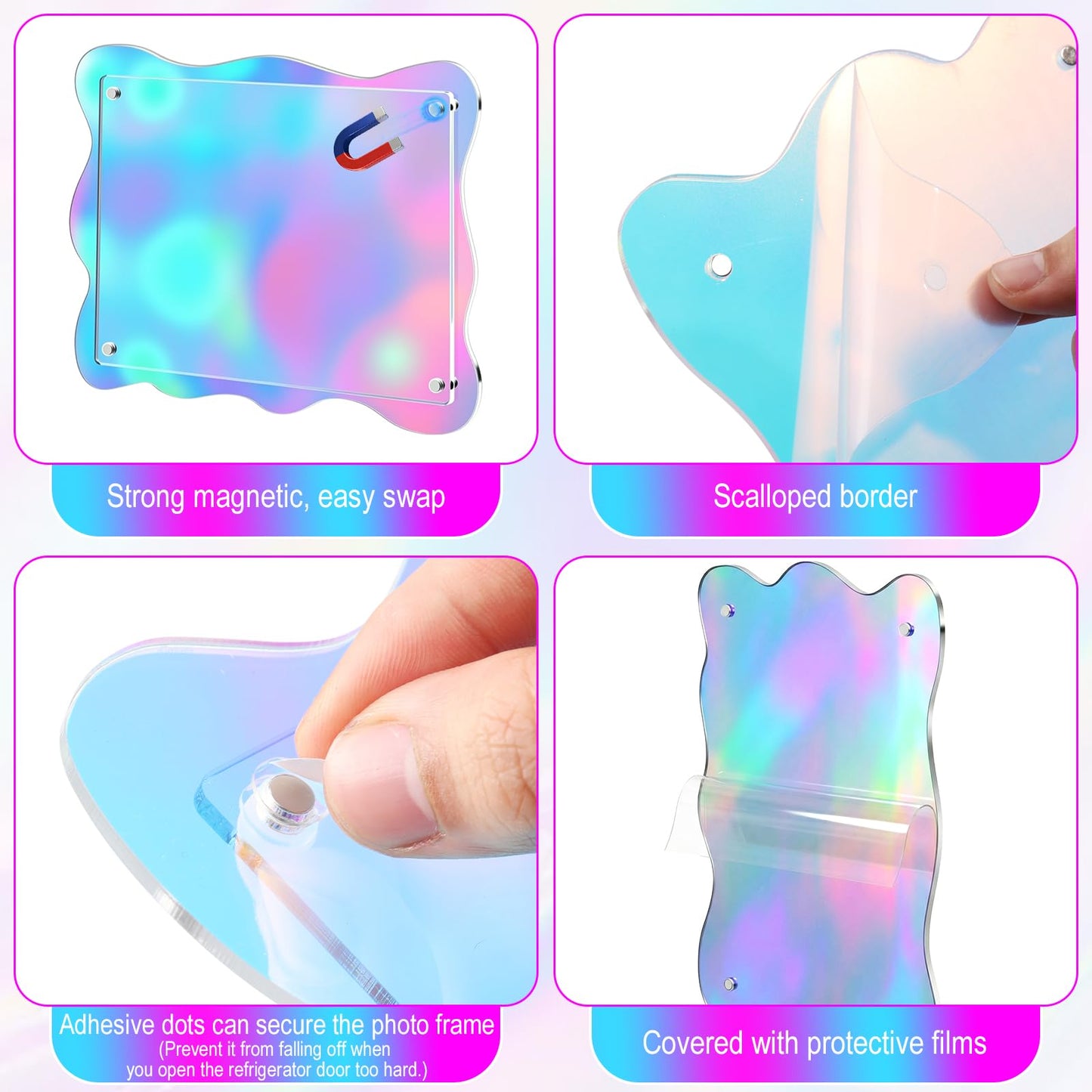 Wenqik 6 Pack Iridescent Wavy Magnet Picture Frames for Refrigerator 5 x 7 Floating Photo Frames Double Sided Magnet Photo Display with Adhesive Dots for Home Classroom