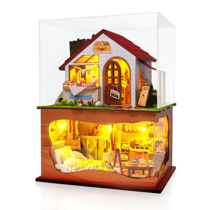 Foyucool Miniature House Kit, DIY Dollhouse Kits with Lights and Dust Cover, The for Family & Friends, Creative Craft Kit with Two-Story Bakery & Forest Basement